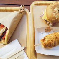 Vegan souvlaki & vegan burger, yummy swirl potatoes at Vegan Beat in Athens