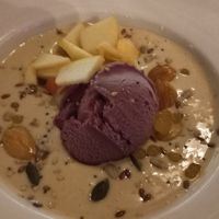 Dessert of ajo blanco with apple, almonds and sweet potato ice cream, which was surprisingly good! at El Escondite de Conil - Maybe closed in Conil De La Frontera