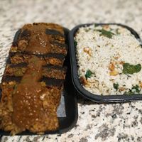 Lentil nut loaf with spinach rice pilaf at Vegan Delights by Lisa-Ann in Whitby