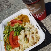 Daily special: macaroni salad and curried sweet potato at Vegan Delights by Lisa-Ann in Whitby
