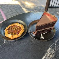 Strawberry pistachio galette; Mexican chocolate cake  at Dark Hall Coffee in Phoenix
