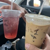 iced blackberry jasmine green tea & iced vanilla latte with oat milk at Dark Hall Coffee in Phoenix