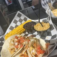 Kimchi and tofu tacos, with bland corn, beans and rice at The Taco Joint in Hollywood