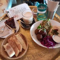 Russian chocolate cheesecake, cappuccino freddo & falafel at Picknick Cafe Bar in Frankfurt
