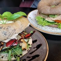 Bagel sandwiches.... delicious vegan with the basil on top at Olivia's Maastricht in Maastricht