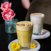 Vegan golden latte + matcha latte  at Olivia's Maastricht in Maastricht