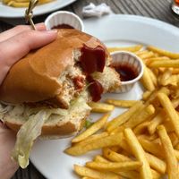 vegan chicken burger and fries at Falmer Bar in Brighton