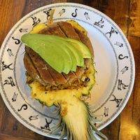Pineapple fried rice topped with taro patty at Moku Roots in Kula