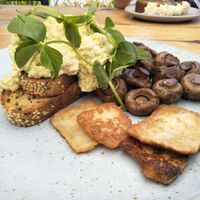 Tofu scramble, mushrooms, vegan haloumi at Blackwork in Croydon
