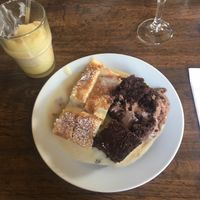 Vanilla pineapple pudding, apple pastry with vanilla sauce, brownie, tiramisu at Striese Bar in Augsburg