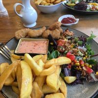 Chicken goujons with chips and salad-tasty! at Number Forty Four in Kirkby Lonsdale