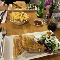 Vegan cheese, tomato and pesto toastie with salad (vegan salad dressing) at Number Forty Four in Kirkby Lonsdale