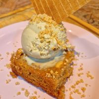 Seasonal flavour. Corn ice cream with peanut blondie. Superb. at Jazzlato in Recife