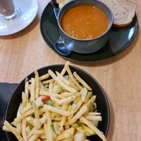 Soup and chilli fries at The Garden Cafe and Takeaway in Kendal