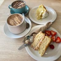 Victoria sponge, lemon cake, cappuccino, and chai lattee  at The Garden Cafe and Takeaway in Kendal
