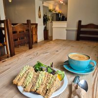 Tofu "egg" sandwich and oat flat white at The Garden Cafe and Takeaway in Kendal