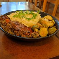 Lentil loaf...perfect winter warmer. Really flavoursome loaf.. Loved the garlic 'buttered' sprouts yum yum!! at The Garden Cafe and Takeaway in Kendal