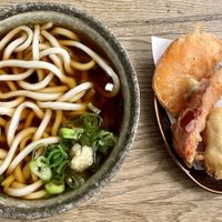 Udon noodle soup with fried vegetables on the side   at Ka Vegan Udon & Sushi in Krakow