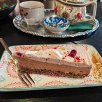 Strawberry cashew cake and green tea at Nirvana in Riga