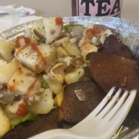 Vegan bacon and egg platter with homefries (no egg) at Carmine's Italian Deli in Elmsford