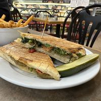 Grilled eggplant and broccoli rabe panini   at Carmine's Italian Deli in Elmsford