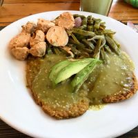 Milanesa de lentejas con dos ensaladas. Nopales y patatas at Origenes Organicos - Hipodromo Condesa in Mexico City