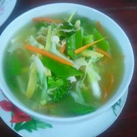 Noodle soup with veggies and tofu at Marie Min in Mandalay