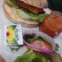Bagel with salad, beans and sausage and bacon at Causeway Cafe in Belfast