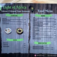 Menu  at Light of Africa in South West London