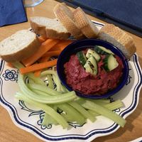 Updated beet hummus with veggies and crostini.  at VanGogh's Eeterie in Springfield