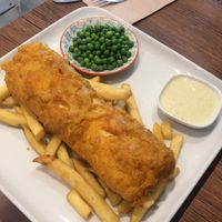 Tofish and chips with minty peas and tartar sauce at Vegetus in Cheltenham