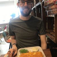 Rich very happy with his tofish  at Vegetus in Cheltenham