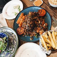 Mixed grill with chips and rice at Vegetus in Cheltenham