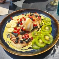 Pancakes with fruits,dates syrup and icecream at Vegetus in Cheltenham