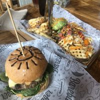 Duchess burger and Scott’s fries at Bareburger in Montclair