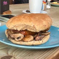 Vegan breakfast bun on brown  at Cranberry Swamp in Whitby