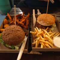 Two burgers- Pull Pork and Carrot. Nuggets, sweet potato fries and regular fries. Garlic mayo dip. at Las Vegan's - Vegan Garden Trailer in Budapest