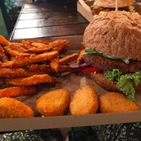 Dr.Carrot burger, nuggets, sweet potato fries. at Las Vegan's - Vegan Garden Trailer in Budapest