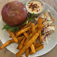 Vegan Burger with sweet potsto fries at Mahalo  - Odengatan in Stockholm