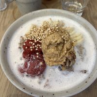 Baked oatmeal with peanut butter and strawberry jam  at Mahalo  - Odengatan in Stockholm