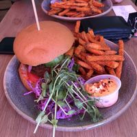 burger with sweetpotato fries *yummi* at Mahalo  - Odengatan in Stockholm
