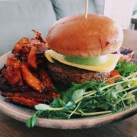 Soy burger with sweet potato fries at Mahalo  - Odengatan in Stockholm