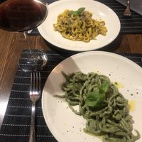 Spinach pesto pasta , fungi pasta, red wine   at Ciriera Osteria Vegan in Trequanda
