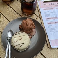 a white chocolate cake with hazelnut ice cream at Dolce & Vegana in Madrid