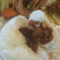 Fried noodle and BBQ bun at Water Drop Vegetarian Cafe in Christchurch