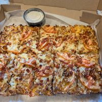 Large deep dish vegan chicken bacon ranch (with extra ranch on the side) at Primoz Pizzeria in Cleveland