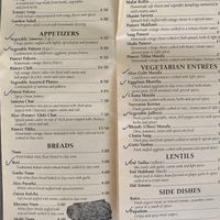 Menu (check marks indicate vegan options) at Bombay at the Beach in Myrtle Beach