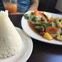 Verge stir fry with Cashew sauce and jasmine rice at Thai Elephants in Watkins Glen