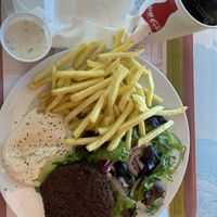 Vegan burger with french fries.  at Joshua's Shoarma Grill in Lisbon
