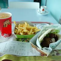Falafel wrap, fries and great aloe drink. at Joshua's Shoarma Grill in Lisbon